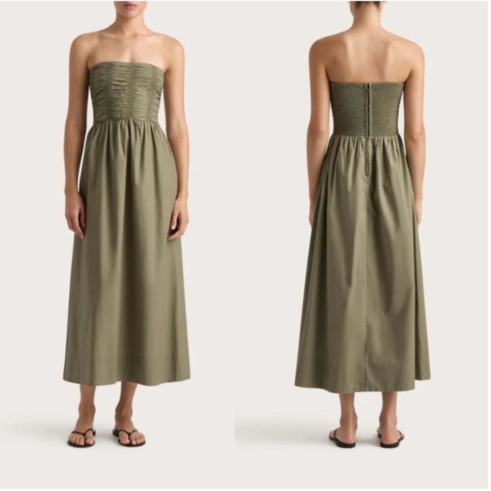 Faithfull the Brand Olive Strapless Smocked Midi Dress